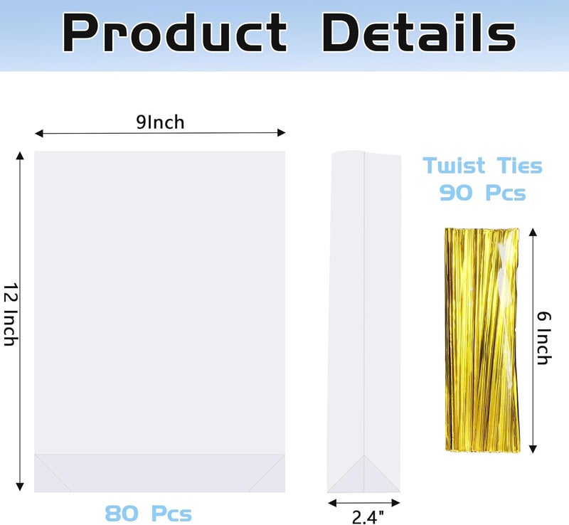 QOIUSO 50Pcs Bottom Gusset Cellophane Bags: 9x12 Inches Clear Gift Bags with Twist Ties for Candy Treat Goodies Mug Party Favors and Gift Wrapping - Durable Plastic Cellophane Gift Wrap - Image 2
